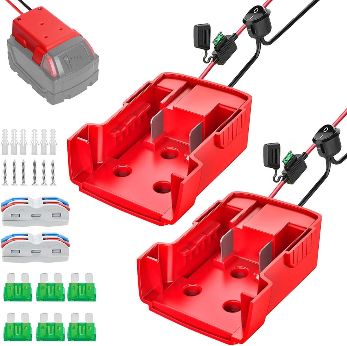 Accu Adapter - Batterij Converter - DIY Projecten - Met Schakelaar - 2 Stuks - Rood