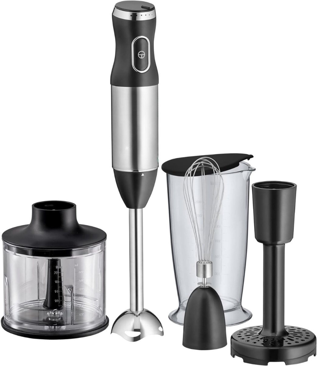 Staafmixer Set - Staafmixerset - 5-Delig: Pureerstok, Garde, Stamper En Hakmolen - 600 Watt Staafmixer Incl. Mengbeker Van 700 Ml - Mat Roestvrij Staal