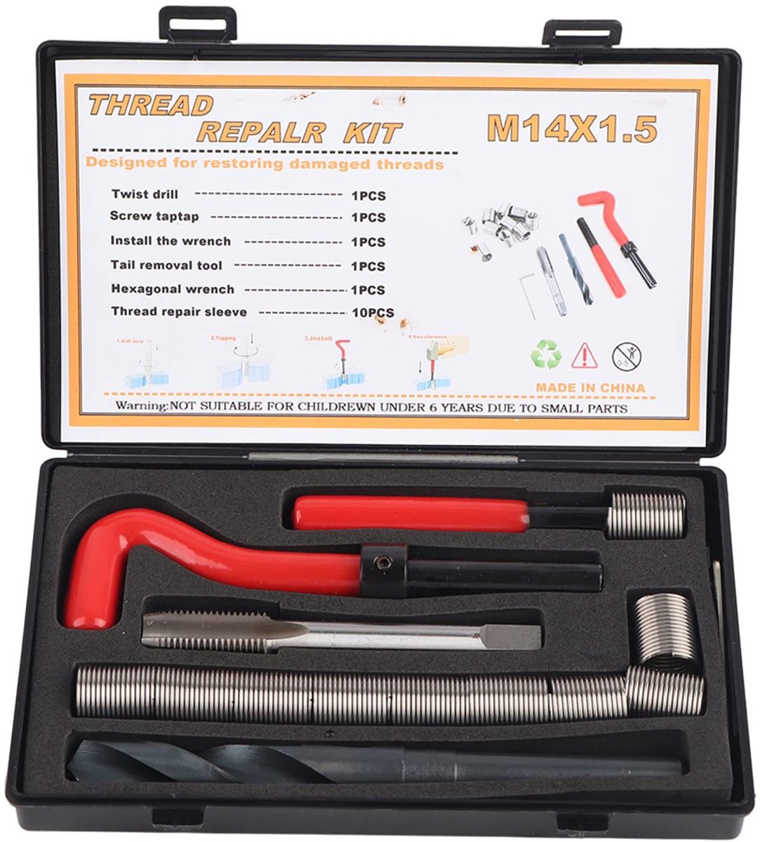ONF3 - Schroefdraadinzetstukken - Reparatieset 15-delig - Roestvrijstaal - M14 x 1,5 - Draadreparatieaccessoires - Voor binnen- en buitenschroef...