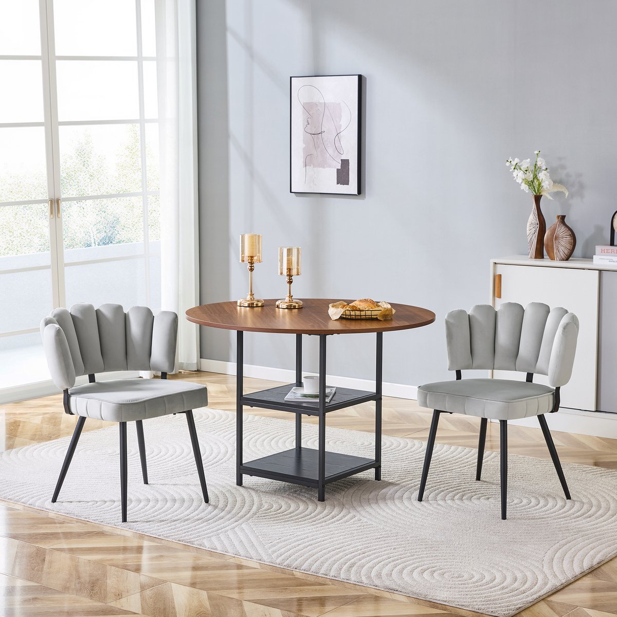 Eetkamerset - Ø107 cm - ronde walnootlook tafel 2-laags opbergruimte + 2 lichtgrijze bloemrug stoffen stoelen - klein appartement - MDF+stof - lichtgrijs