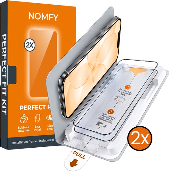 Emballage Nomfy 'Perfect Fit Kit' et plateau d'installation avec iPhone. Contient 2 protecteurs d'écran.