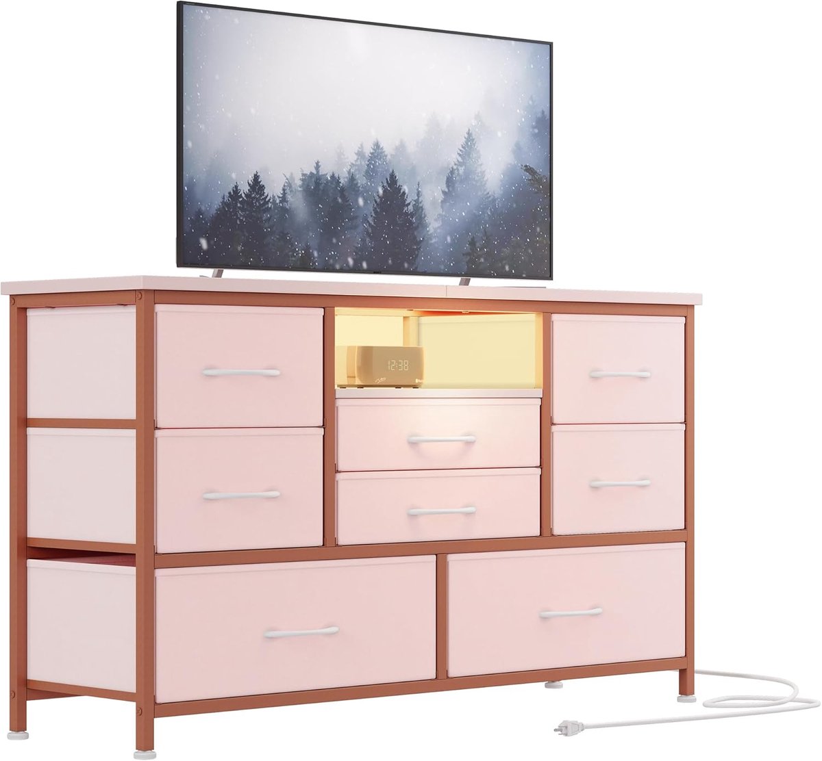 Tv-meubel met stoffen lades- commode- tv-meubel met ledverlichting- metalen frame- ladekas