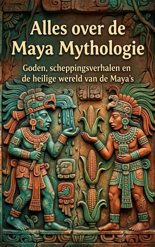 Couverture de livre "Alles over de Maya Mythologie". Représente des figures mayas tenant une épi de maïs et de l'eau, avec des hiéroglyphes.