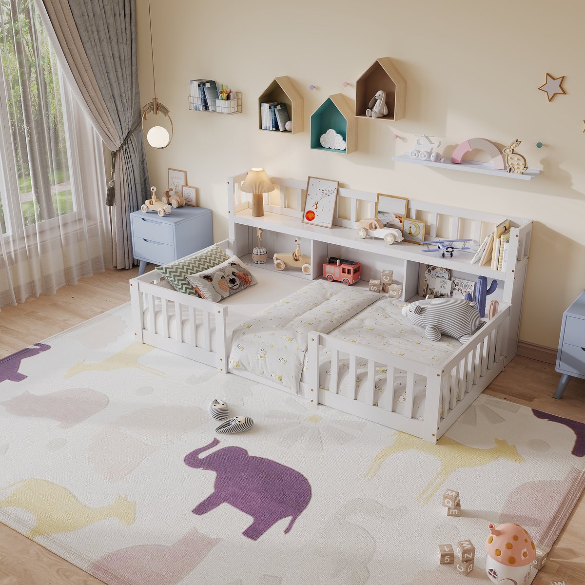 Montessori kinderbed – Houten peuterbed 90x200 cm – Vloerbed met veiligheidshekjes en opbergkast – Wit – zonder matras