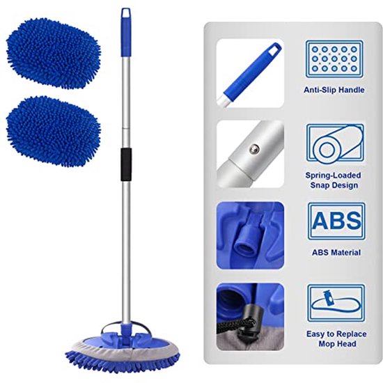 Autowasborstel Telescoopsteel - Auto Borstel - Voertuigen Reinigen - 180° Draaibare Kop - 160 cm - Blauw — afbeelding 4