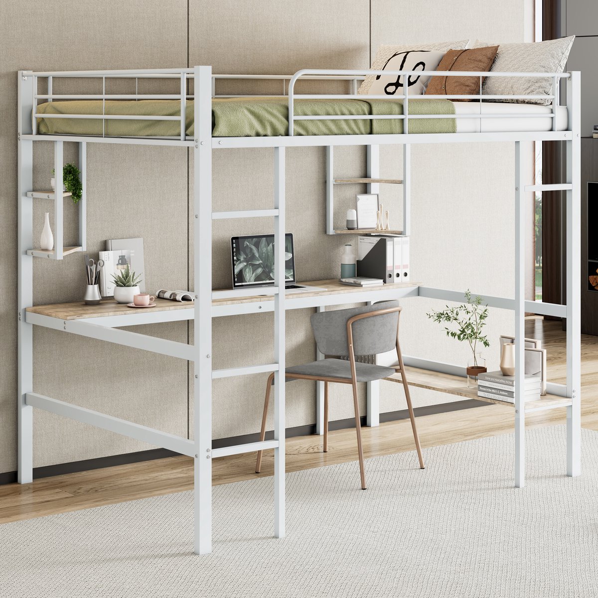 DESMIU Metalen Hoogslaper 140x200cm - Hoog Slapen Met Bureau, Planken En Boekenkast - Voor Studeren En Opbergen - Minimalistisch Wit - Zonder matras