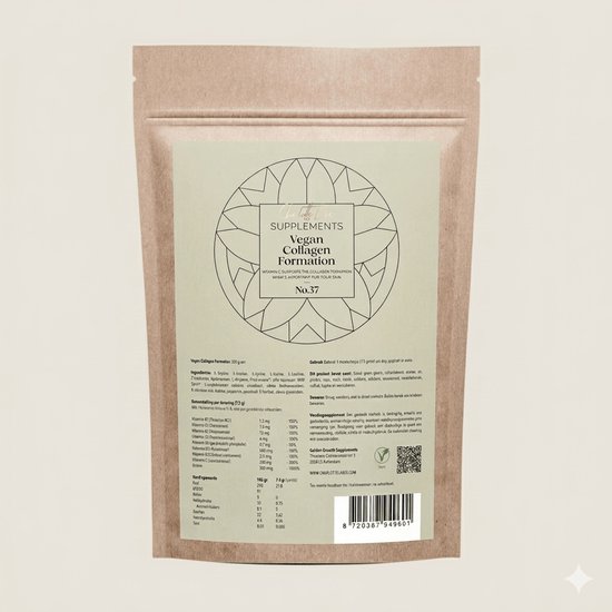 Bruine verpakking met logo 'Charlotte Labee Supplements Vegan Collagen Formation No.37'. Ingrediëntenlijst en voedingswaarde vermeld.