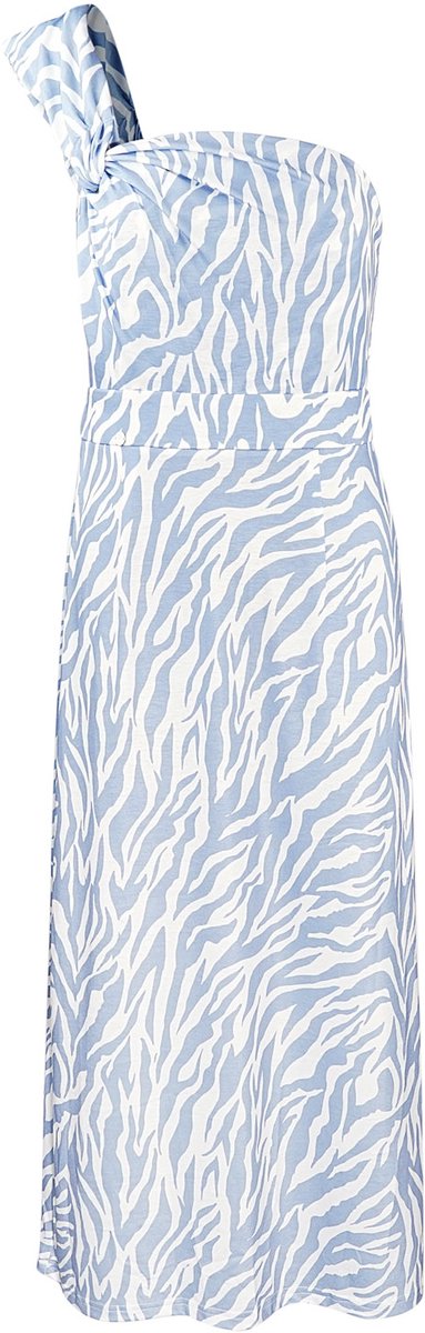 Elegante Een-Schouder Maxi-Jurk met Zebraprint - Blauw - Maat M