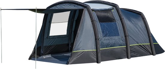 Grijze opblaasbare tunneltent met luifel, staand op groen gras.