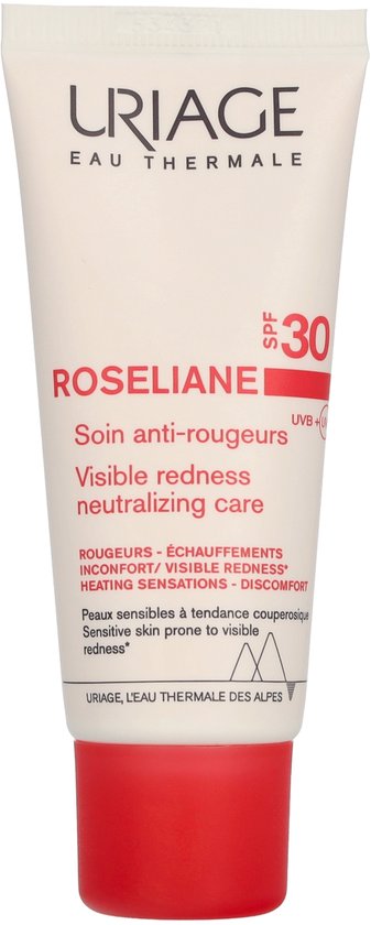 Uriage Roseliane tube met SPF 30, met roze dop, voor zichtbare roodheid neutraliserende zorg.
