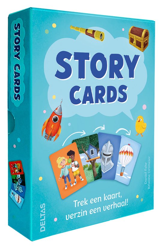 La façade de la boîte Story Cards. Une boîte bleue avec le texte 'STORY CARDS' en grandes lettres. Il y a des illustrations d'une fusée, d'un casque, d'une montgolfière et d'un poussin.