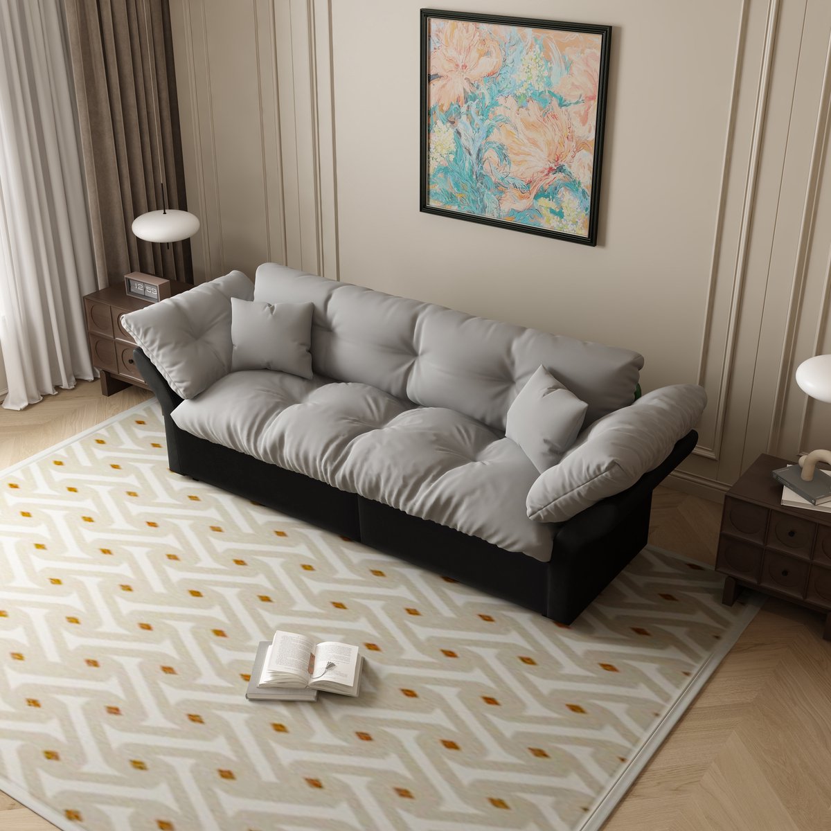 REDOM - Uitschuifbare Slaapbank - 3-In-1 - Met Capitonnage En 2 Kussens - Modern - Velours - Lichtgrijs - 190 x 85 x 91 cm