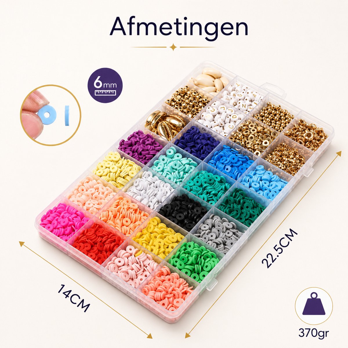 Behave Premium Katsuki Kralen Set - Knutselen Meisjes - Polymeer kralen - Kralenset - Platte kralen - Goudkleurig - Bedels - 28 Vakjes - 19 Kleuren - 6mm - Veel accessoires — afbeelding 10