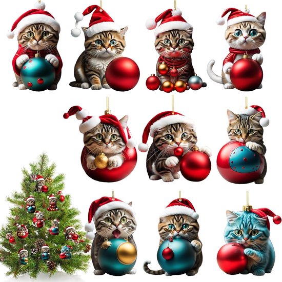 Foto: 10 stuks kerstboom kat hangertjes decoratie voor kerstfeest acryl versieringen kerstboom decoraties voor feestdagen en vieringen