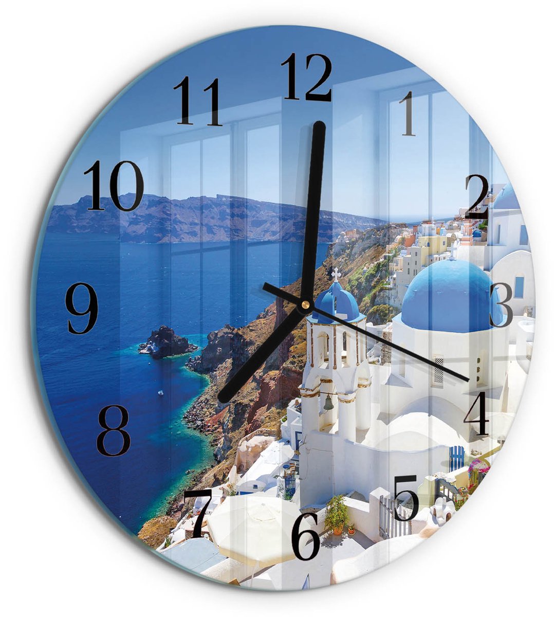 TULUP Wandklok - Santorini Wandklok Glas Met Motief - 30fi cm - Blauw Decoratieve Glazen Klok - Zwarte Handen - Ronde Wandklok - Wandklok Glas Decoratie - Gekleurde Glazen Klok Blauw - Santorini