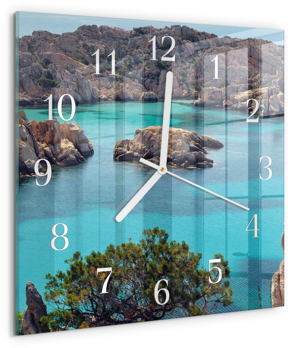 TULUP Wandklok - Zeelandschap Wandklok Glas Decoratie - 30x30 cm - Bruin Gekleurde Glazen Klok - Witte Handen - Vierkante Wandklok - Wandklok Glas Decoratie - Gekleurde Glazen Klok Bruin - Zeelandschap