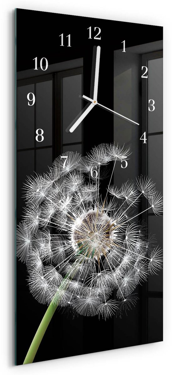 TULUP Wandklok - Paardebloem Glazen Wandklok Design - 30x60 cm - Veelkleurig Klok Glas Met Opdruk - Witte Handen - Rechthoekige Wandklok - Glazen Klok Met Print - Wandklok Glas Met Motief Veelkleurig - Paardebloem