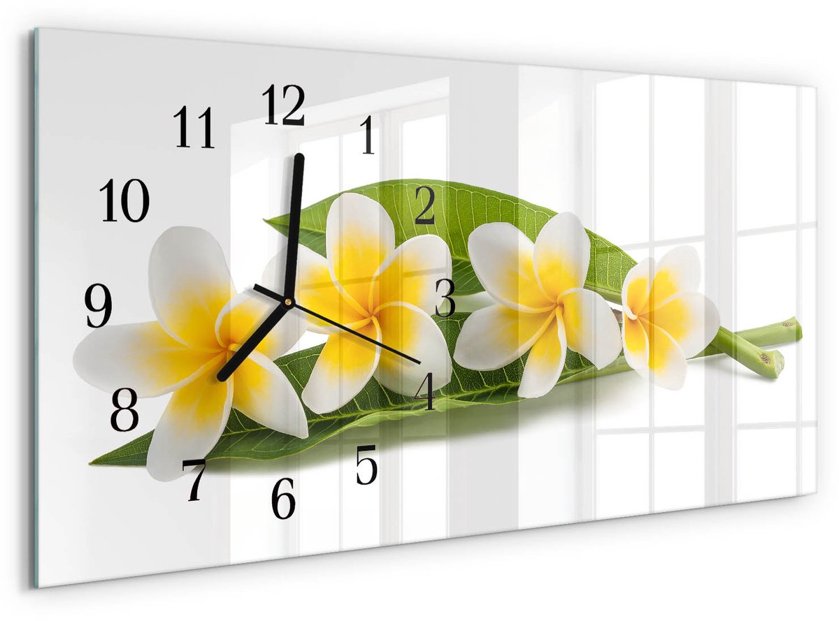 TULUP Wandklok - Bloemen Glazen Klok Met Print - 60x30 cm - Geel Moderne Glazen Wandklok - Zwarte Handen - Rechthoekige Wandklok - Wandklok Glas Decoratie - Gekleurde Glazen Klok Geel - Bloemen