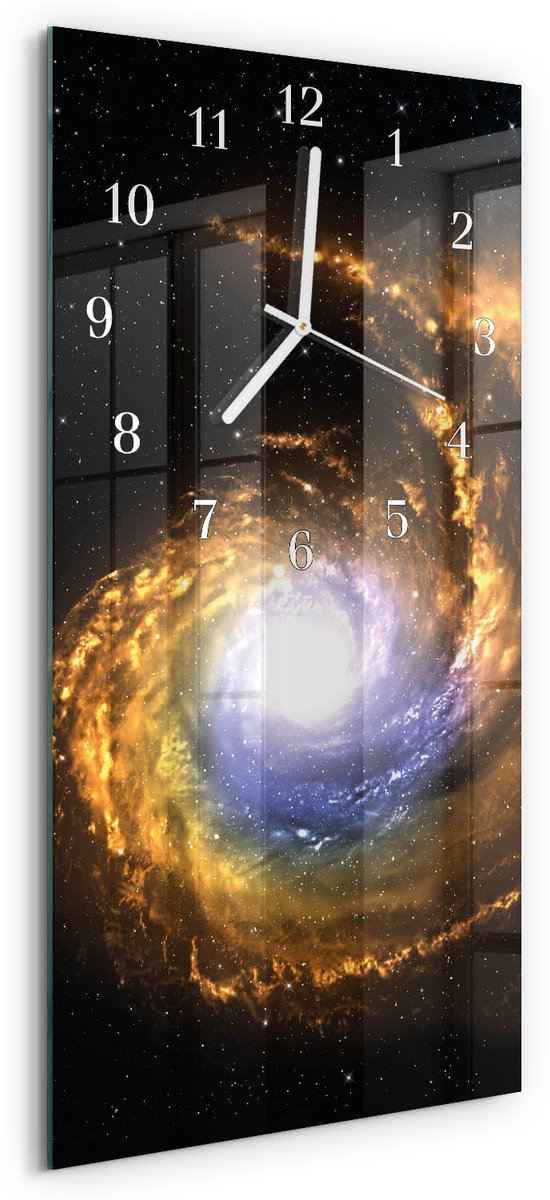 TULUP Wandklok - Kosmos Glazen Wandklok Design - 30x60 cm - Veelkleurig Klok Glas Met Opdruk - Witte Handen - Rechthoekige Wandklok - Wandklok Glas Met Motief - Decoratieve Glazen Klok Veelkleurig - Kosmos
