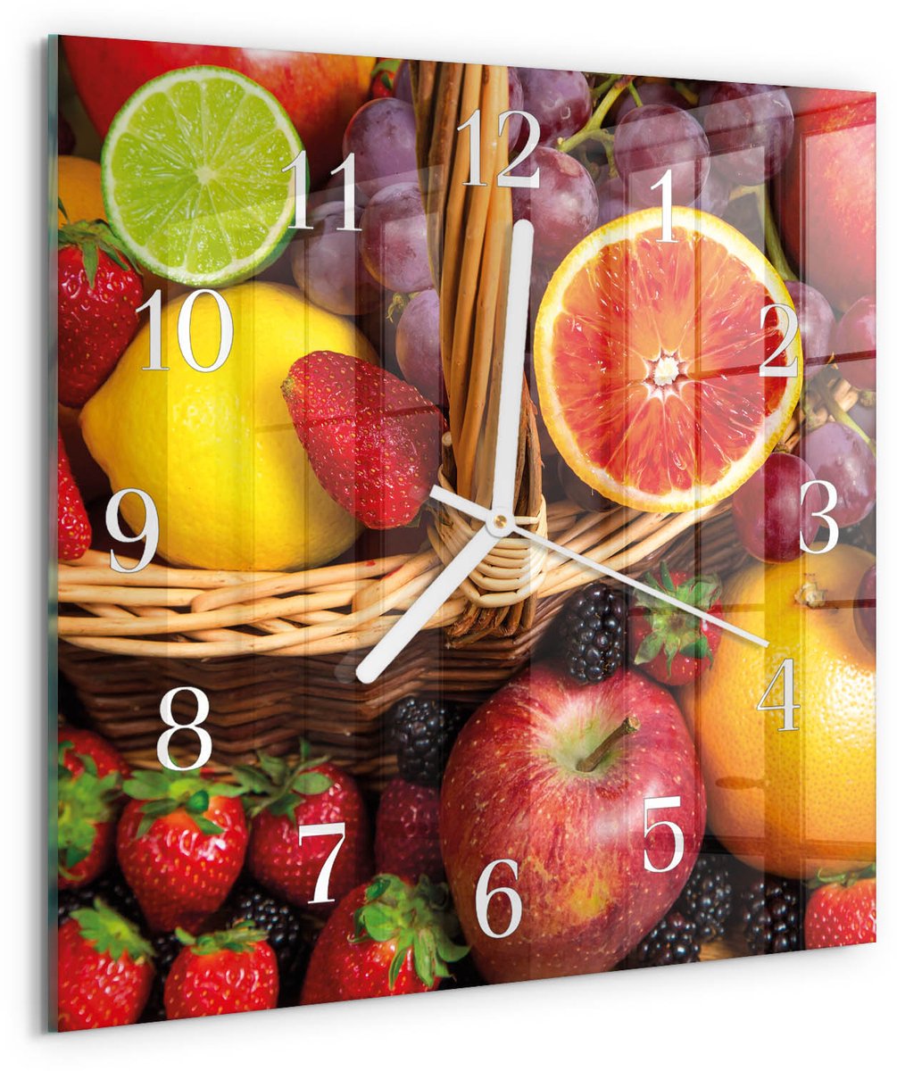 Tulup Wandklok - Fruit Klok Glas Met Opdruk - 30x30 cm - Veelkleurig Moderne Wandklok Glas - Witte Handen - Vierkante Wandklok - Gekleurde Glazen Klok - Glazen Klok Met Print