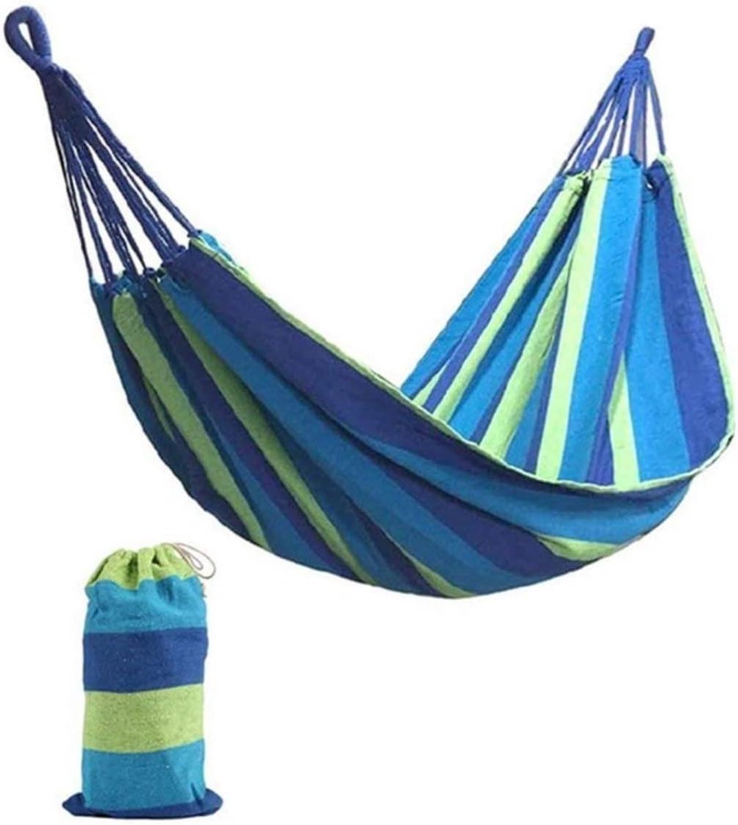 Katoenen Hangmat - Kampeerhangmat Tuin - Buiten Ontspannen - Hick Canvas Materiaal - 280 x 80 cm - Blauw Gestreept