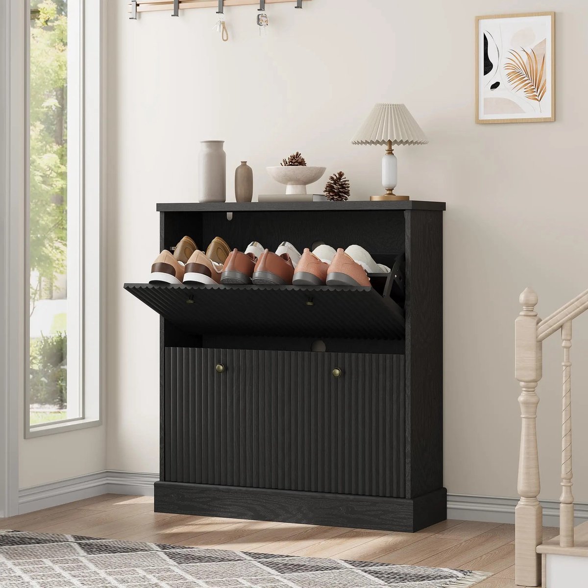Archi Schoenenkast - Schoenenrek - 2 Draaibare laden – Met verstelbare planken – Ruimtebesparend – Zwart – 80 × 25 × 90 cm