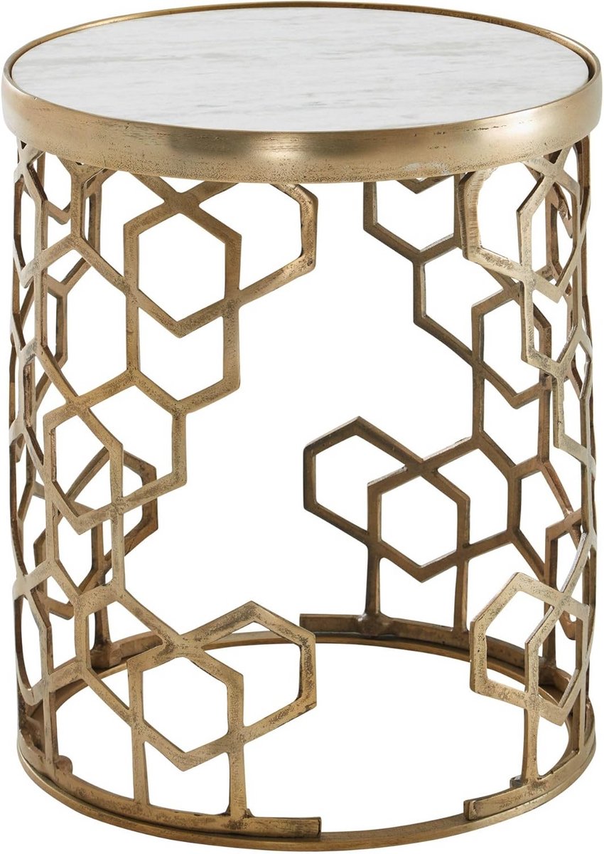 Ronde Bijzettafel met Echt Marmeren Tafelblad en Gouden Metalen Frame - Moderne Salontafel