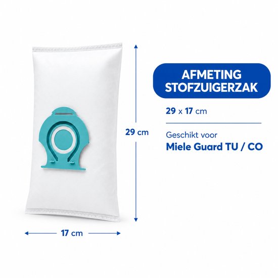 Afmetingen van een witte stofzuigerzak met turquoise sluiting: 29 x 17 cm.