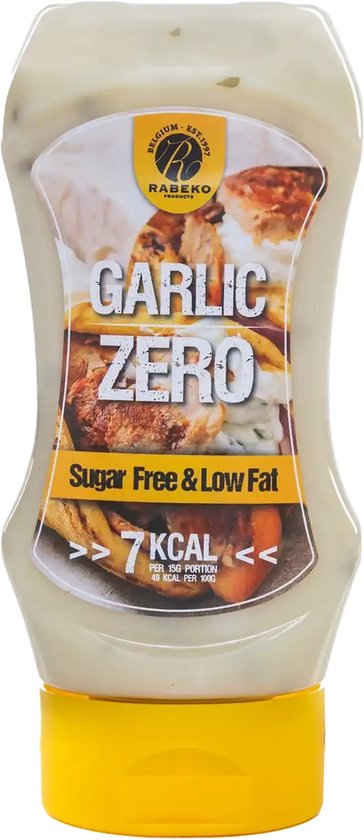 Rabeko Garlic Zero saus in een witte fles met gele dop. Suikervrij & laag vetgehalte.
