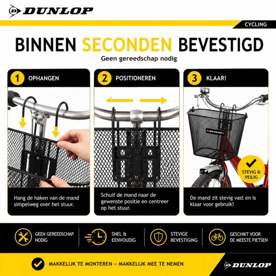 Dunlop Fietsmand Stuur 22L - Fiets Mand met Handvat en Haken - Fietsmandje 34 x 24,5 x 26 cm - Geschikt voor Elektrische Fiets, Omafiets en Stadsfiets - Metaal - Zwart van Dunlop — afbeelding 5
