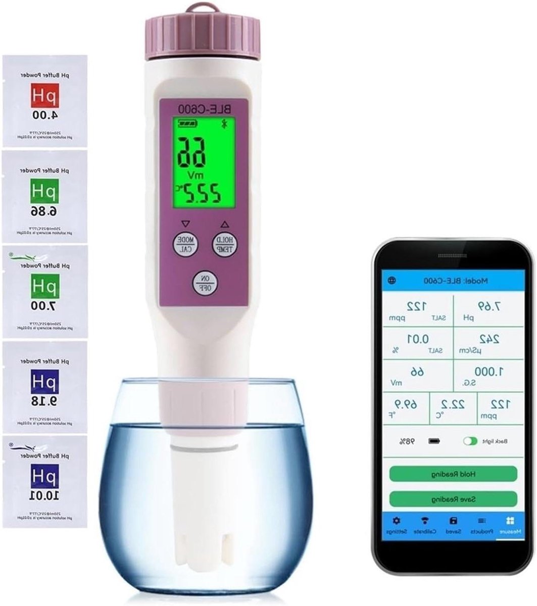 pH Meter Bodem - Waterkwaliteit Tester - Planten Verzorgen - 7-in-1 Bluetooth Meting - Compact Formaat - Zwart