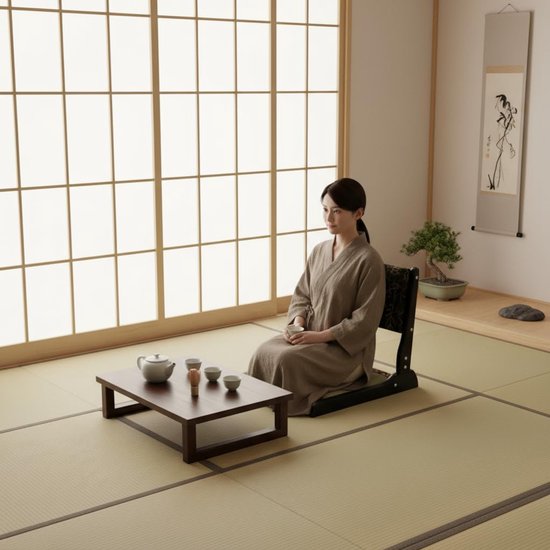 Opvouwbare Vloerstoel - Japanse Zaisu Stoel - Ontspannen Zitten - Massief Houten Constructie - 998 kg Draagvermogen - Natuurlijk Hout — afbeelding 2