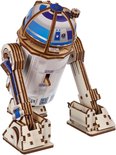 Houten 3D-model van R2-D2 met blauwe en zilveren accenten. "STOP" en "START" tekst op de romp.