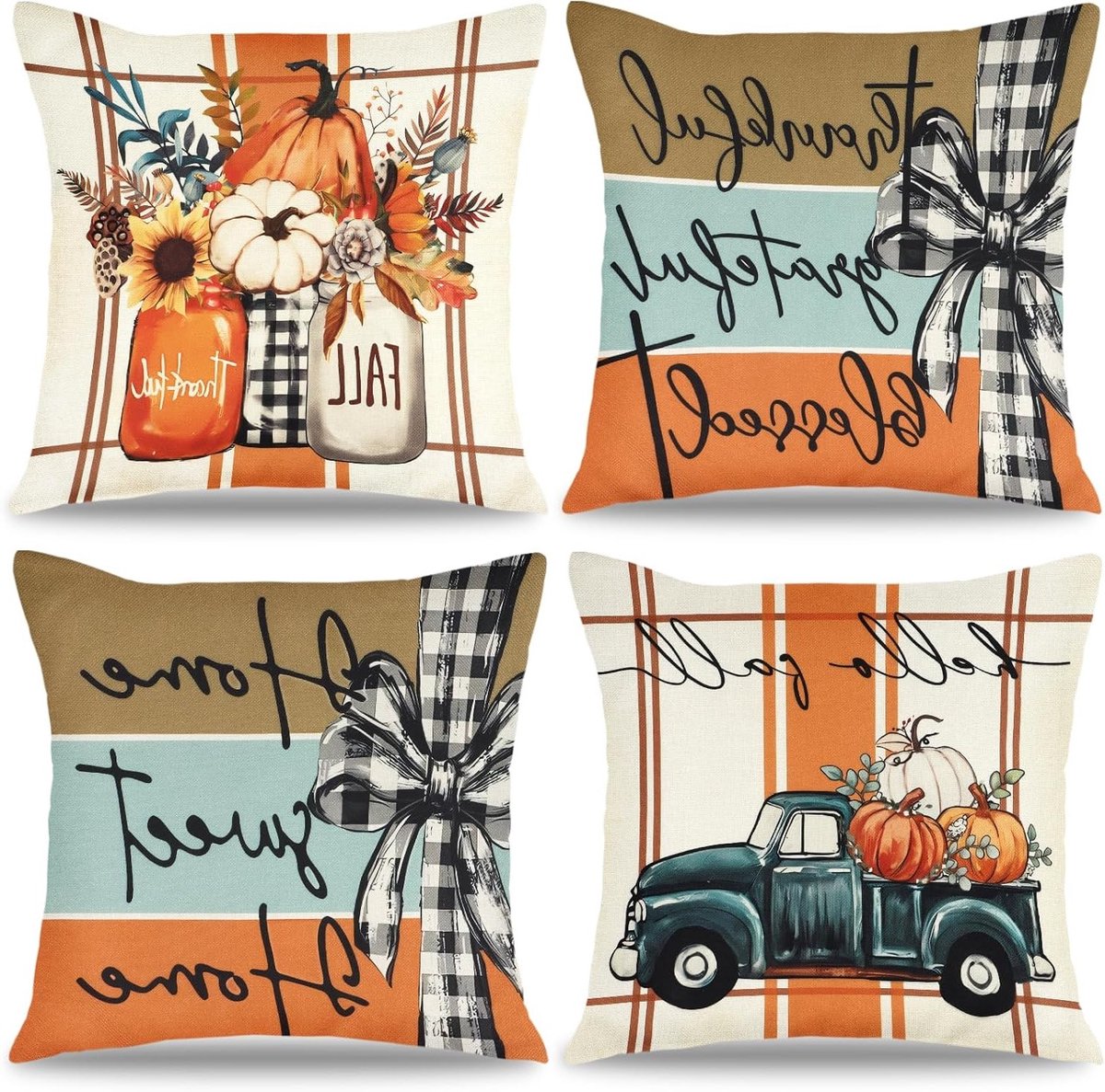 Set van 4 Herfst Kussenhoezen 45x45cm met Pompoen en Esdoornblad voor Decoratie en Feestdagen
