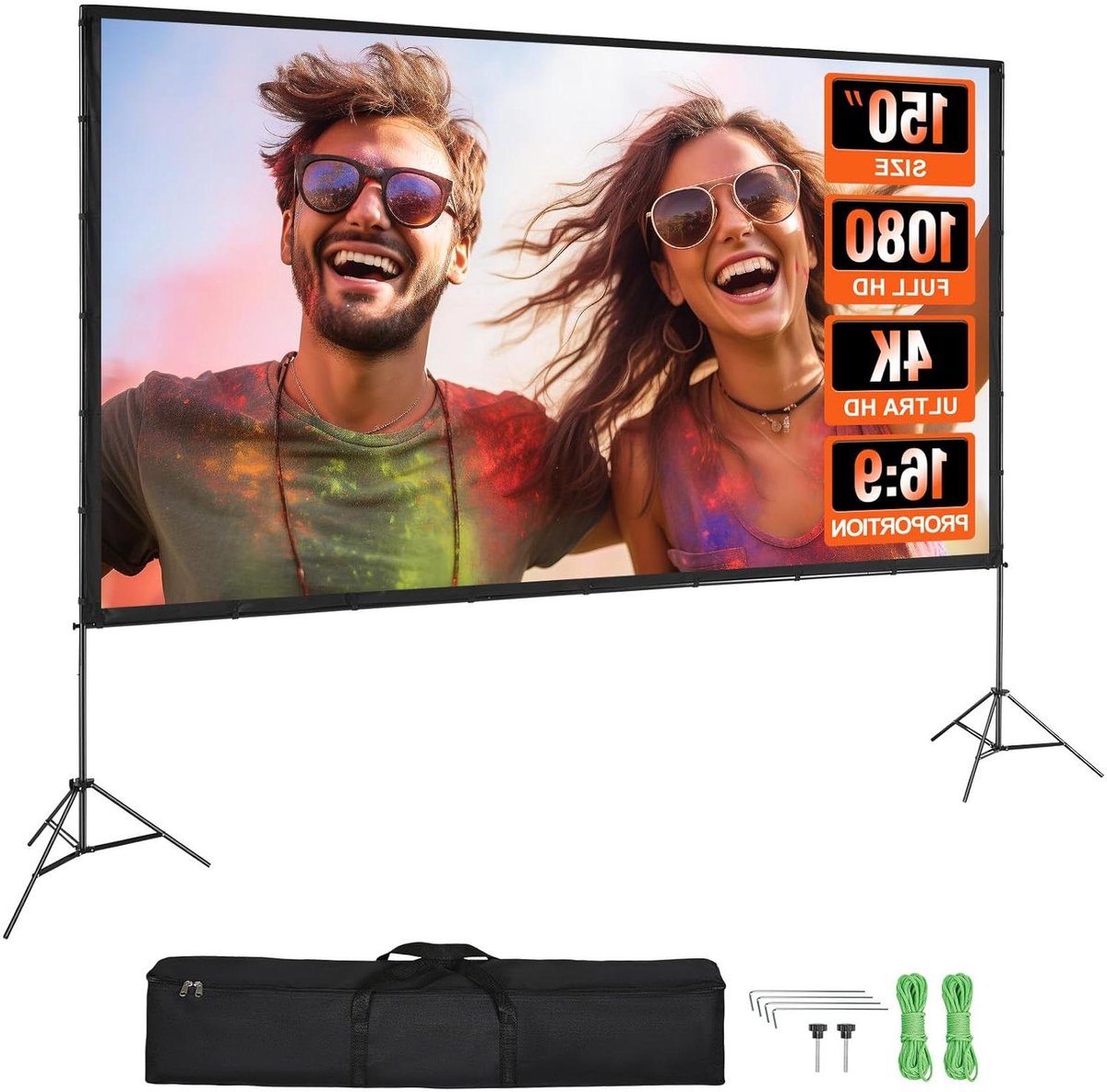 Projectorscherm met standaard - Filmscherm projectie - Thuisbioscoop creëren - Kreukvrij polyester materiaal - 150 inch 16:9 - Wit