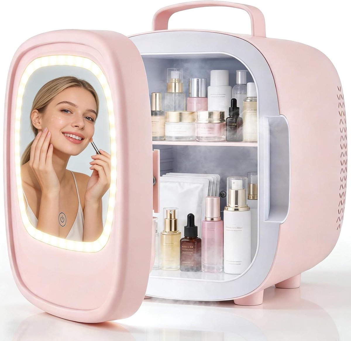 Mini Koelkast - Compacte Koeling - Cosmetica Koelen - Met LED Spiegel - 6 Liter - Roze