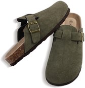 Unisex clogs – Koe suède – Comfort slippers – Houten clogs – militair groen - 38 - Geschikt voor een voetlengte van 23,5 cm