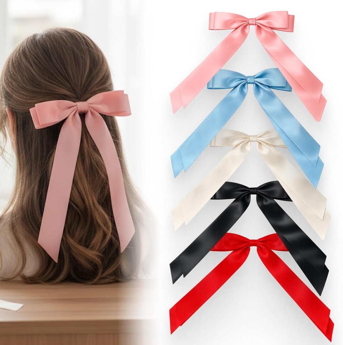 Satin Haarstrik Clips voor Vrouwen en Meisjes - 5 Kleuren Haaraccessoires voor Ponytail, Vlecht en Los Haar