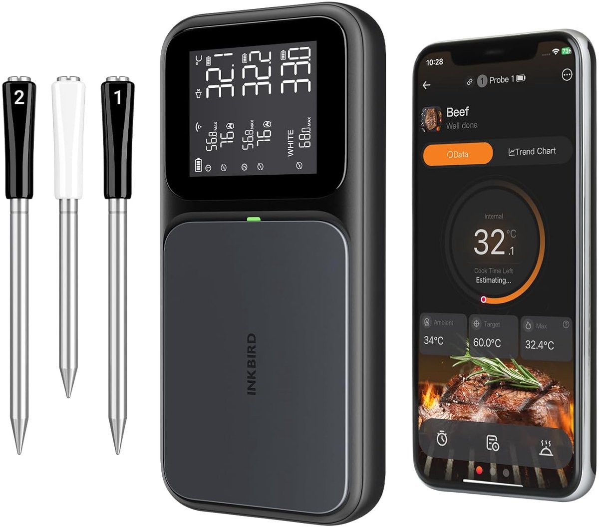 INKBIRD WiFi 5G en Bluetooth 5.4 BBQ Thermometer met 3 Multi-sensor Sondes, AI Real-time Estimated Cooking Time Function,Hoge en Lage Temperatuur Alarmen, voor Koken en Grillen Ultra Model 2026