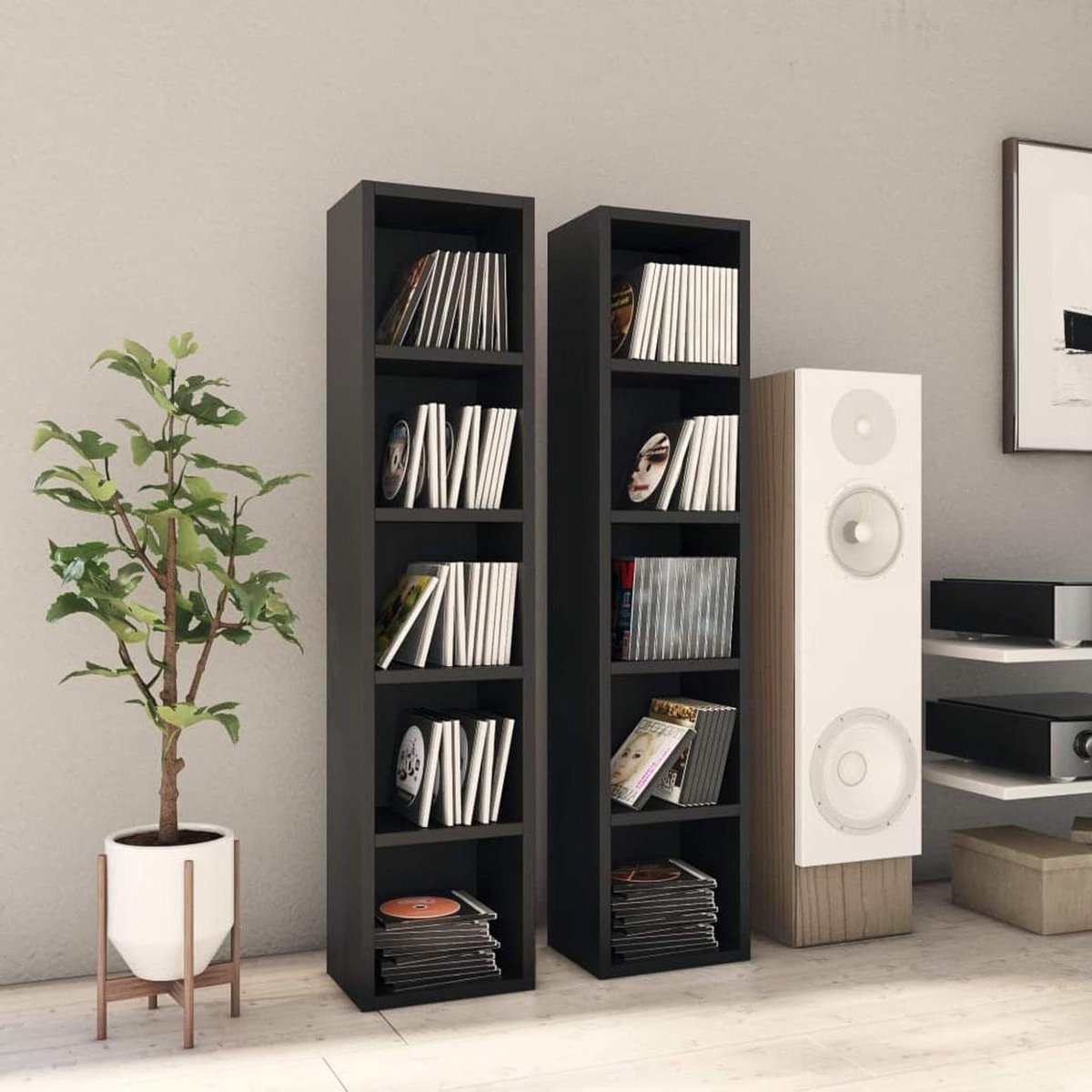 CD Kast - DVD Rek - Muziek Opslaan - 5 Compartimenten - 21 x 16 x 93.5 cm - Zwart