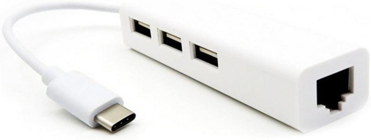 Type-C Adapter - Netwerk Hub - Internet Verbinding - 3 USB Poorten - 8.5 cm - Wit