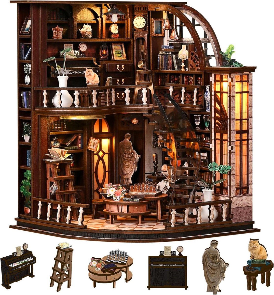 Boekenplank Decoratie - Miniatuurhuis Kit - Hobby Bouwen - Met LED Licht - 19.5 cm Breed - Elegante Studeerkamer