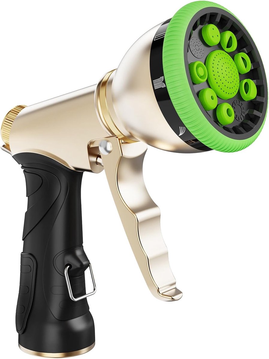 Tuinslangsproeier – Robuuste metalen tuinslangsproeier met 9 sproeistanden, duimbediening, hogedruksproeier, geschikt voor het besproeien van planten, gazons, autowassen en schoonmaken (groen).