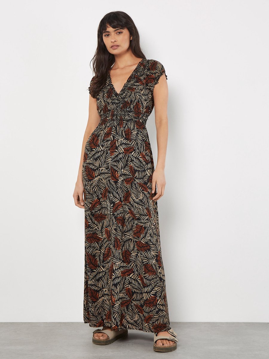 Maxi-jurk met rustieke bladprint en smockwerk