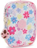 Wit etui met een print van kleurrijke bloemen en vlinders. Roze rits en een roze aapjes sleutelhanger.
