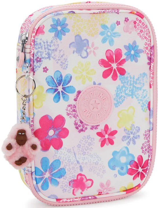 Wit etui met een print van kleurrijke bloemen en vlinders. Roze rits en een roze aapjes sleutelhanger.