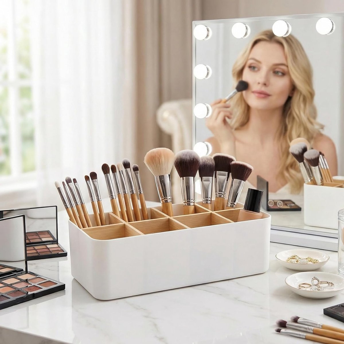 Bureau-organizer van bamboe met 8 vakken, afneembare opbergdoos voor pennen en cosmetica, stijlvolle bureau-accessoires voor een opgeruimd bureau — cadeau in Wonen & Interieur - foto 3