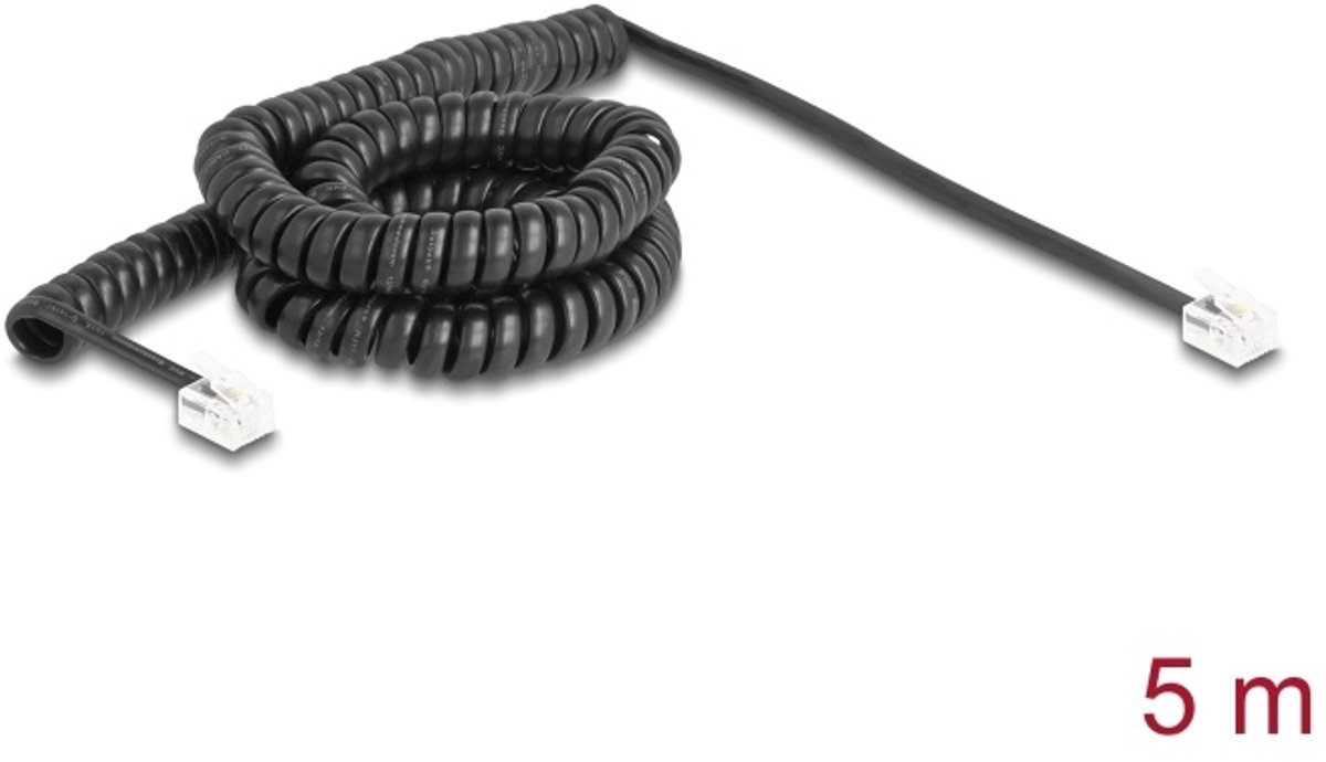 Delock Telephone Cable / Coiled Cable RJ11 plug to RJ11 plug black 5 m