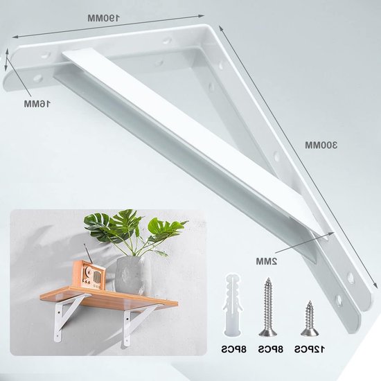 Stevige wandbeugels voor zwevende planken, L-vormige metalen steunbeugels, RVS hoeksteunen voor planken (300x190x2mm) in wit — afbeelding 3
