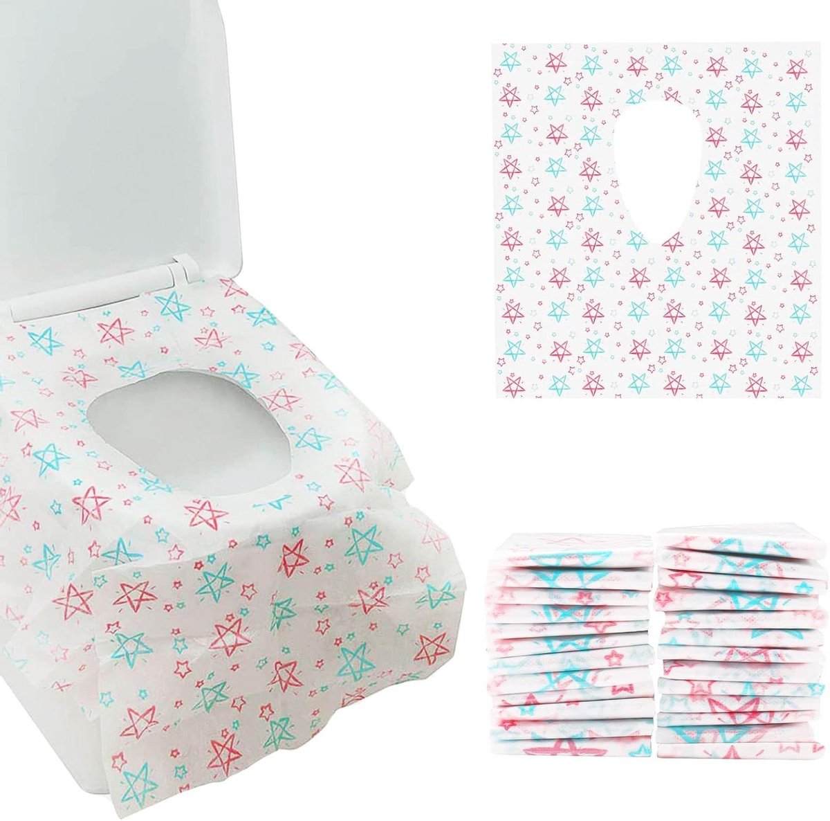 Wegwerp toiletbrilhoezen - Potje afdekking - Hygiënisch reizen - Individueel verpakt - 24 stuks - Sterrenpatroon